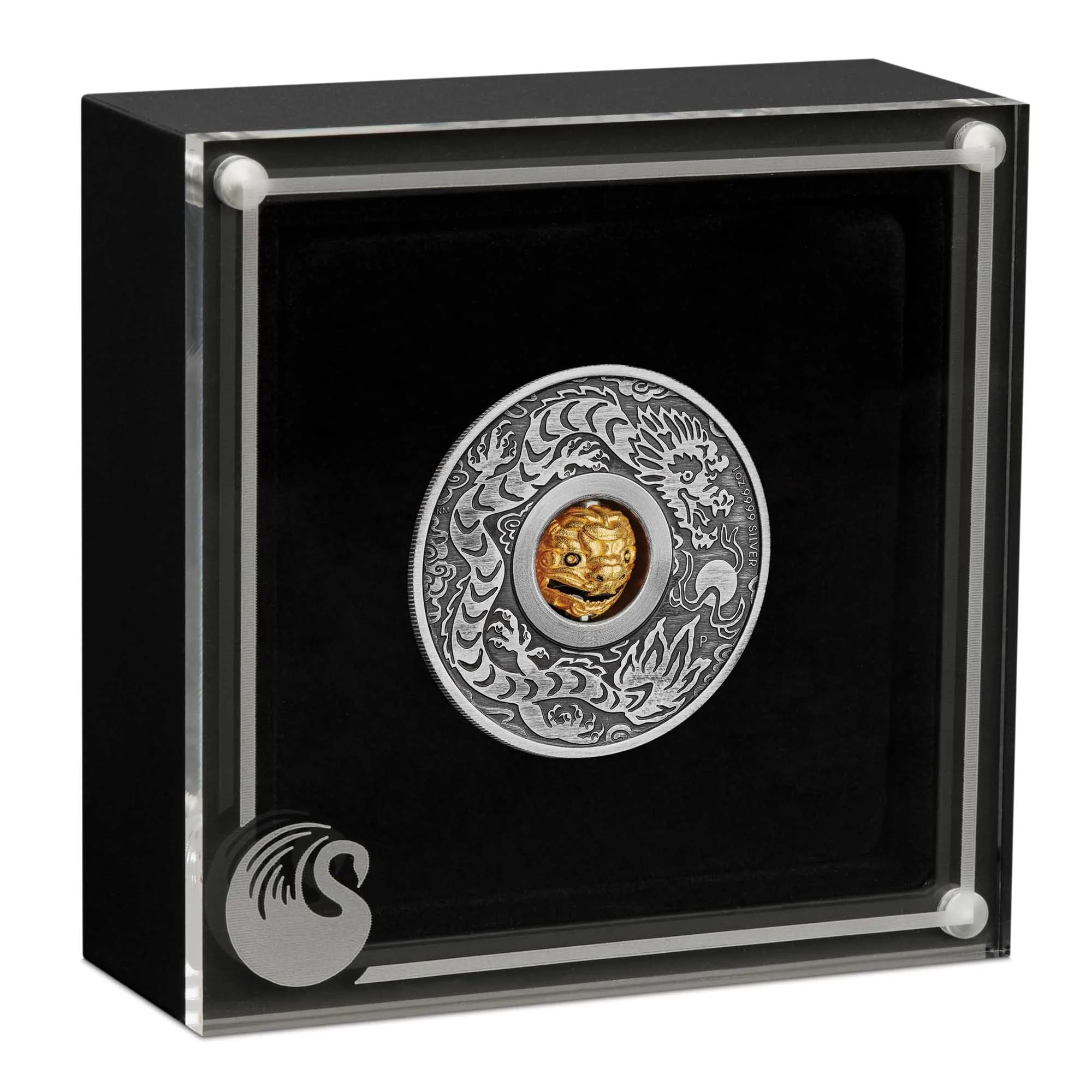 2024 Perth Mint Lunar Dragon 1oz Antiqued Silver Rotating Charm Coin