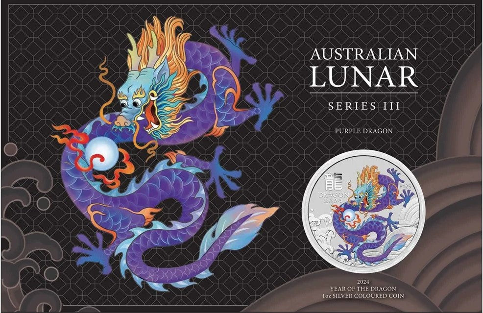 2024 Perth Mint Lunar Dragon 1oz Silver Purple Coloured Coin in Card