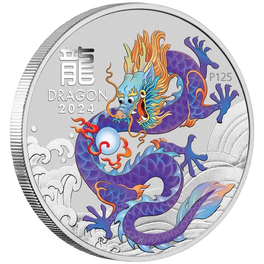 2024 Perth Mint Lunar Dragon 1oz Silver Purple Coloured Coin in Card