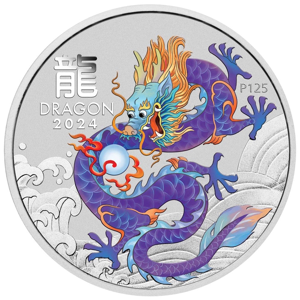 2024 Perth Mint Lunar Dragon 1oz Silver Purple Coloured Coin in Card