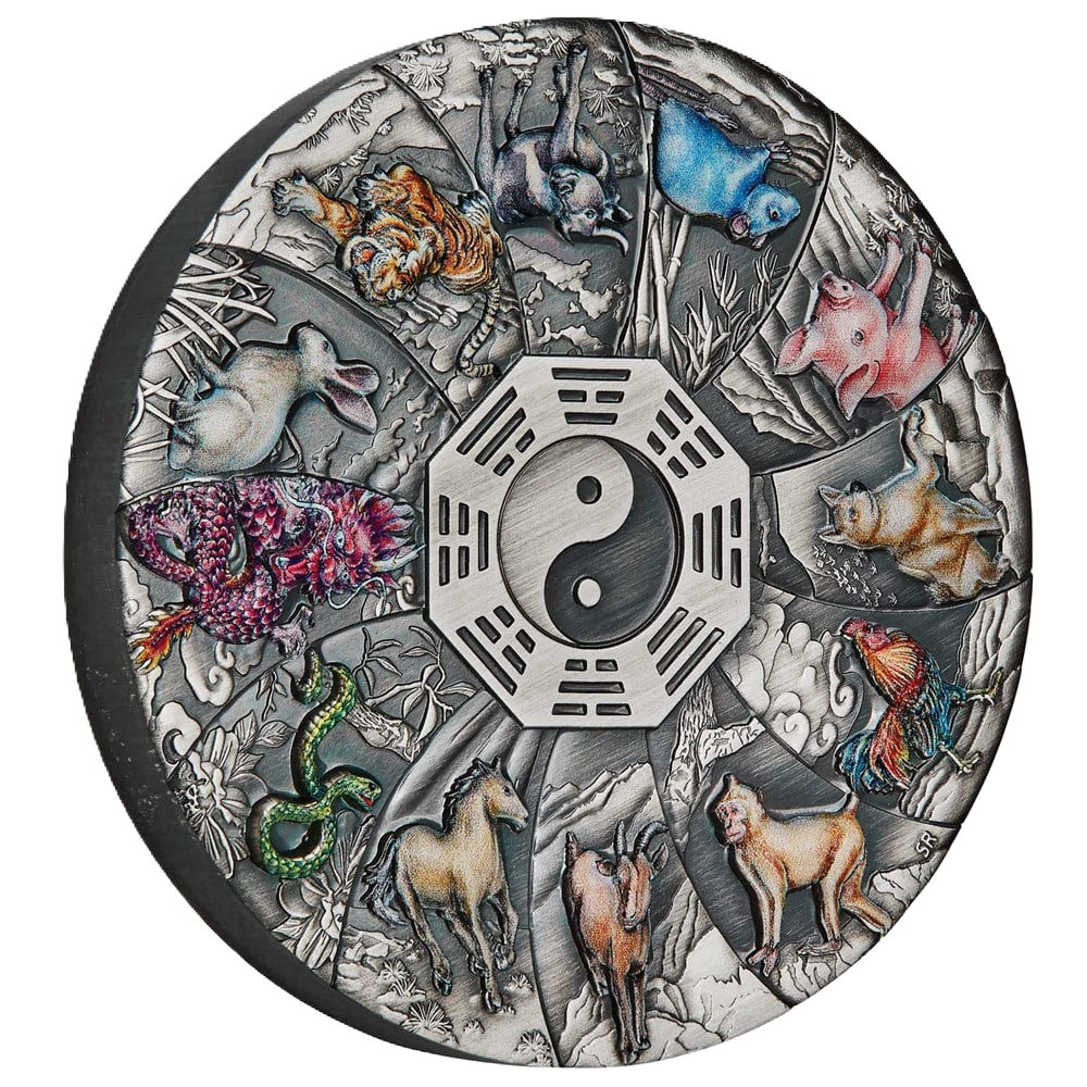2023 Perth Mint 12 Lunar Animals 5oz Silver Antiqued Coloured Coin