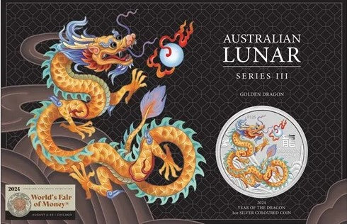 2024 Perth Mint Lunar Dragon 1oz Golden Coloured Silver Coin in Card