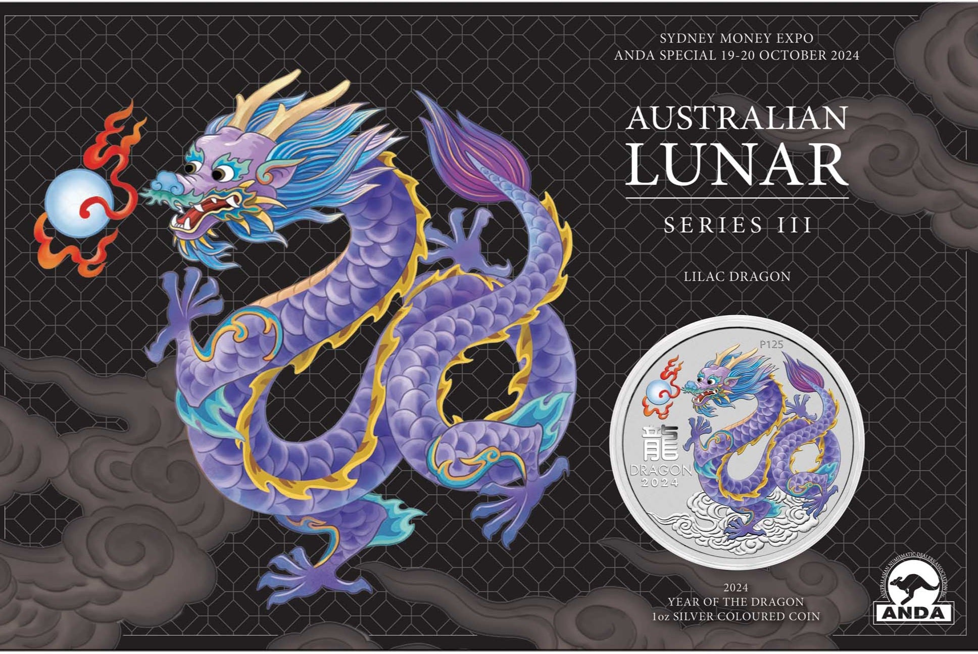 2024 Perth Mint Lunar Dragon 1oz Silver Lilac Coloured Coin in Card