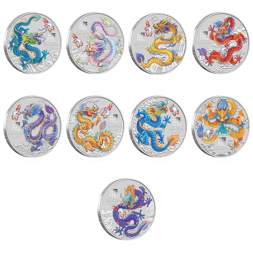 2024 Perth Mint Australian Lunar Dragon 1/2oz Silver 9 Coin Collection - NO Presentation Box