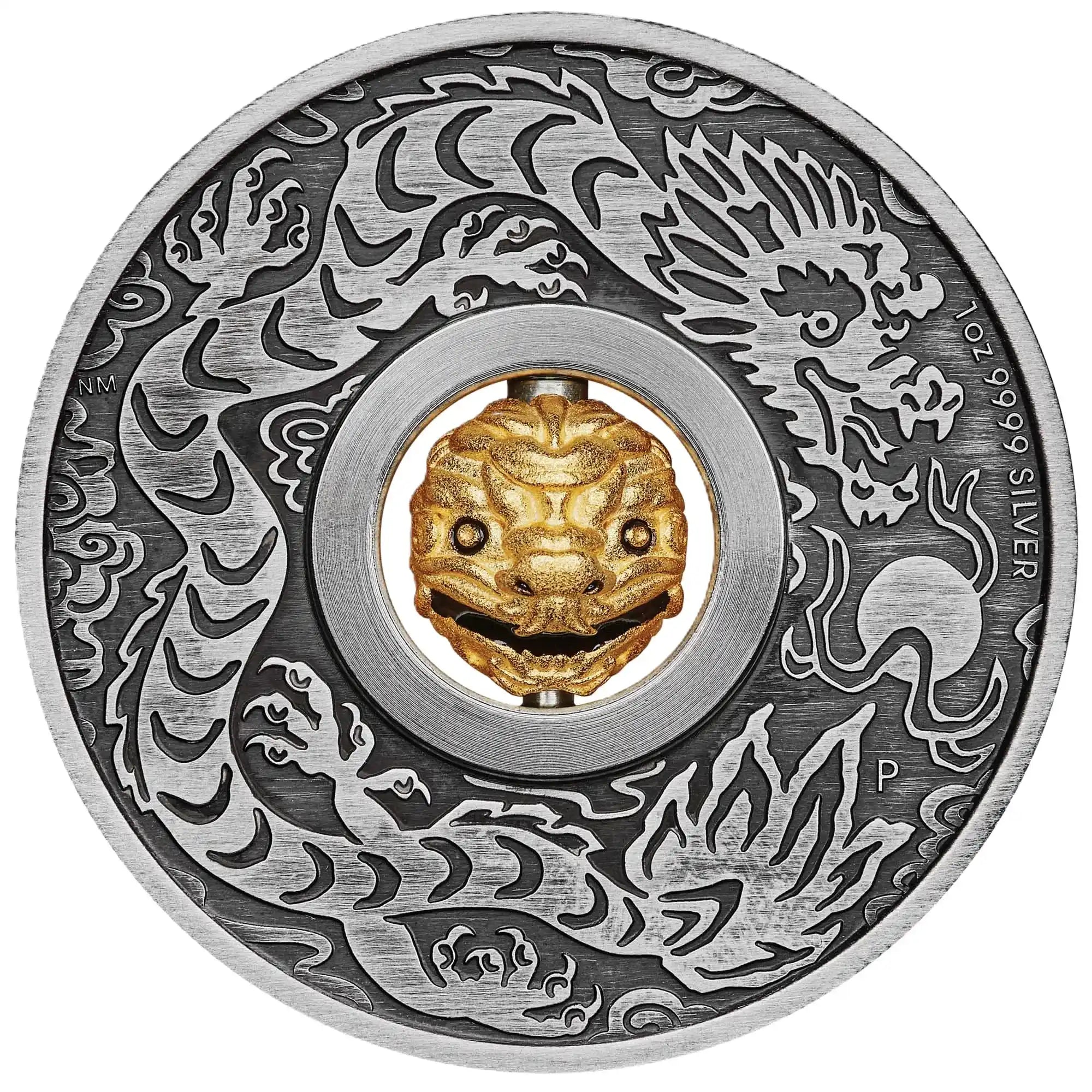 2024 Perth Mint Lunar Dragon 1oz Antiqued Silver Rotating Charm Coin