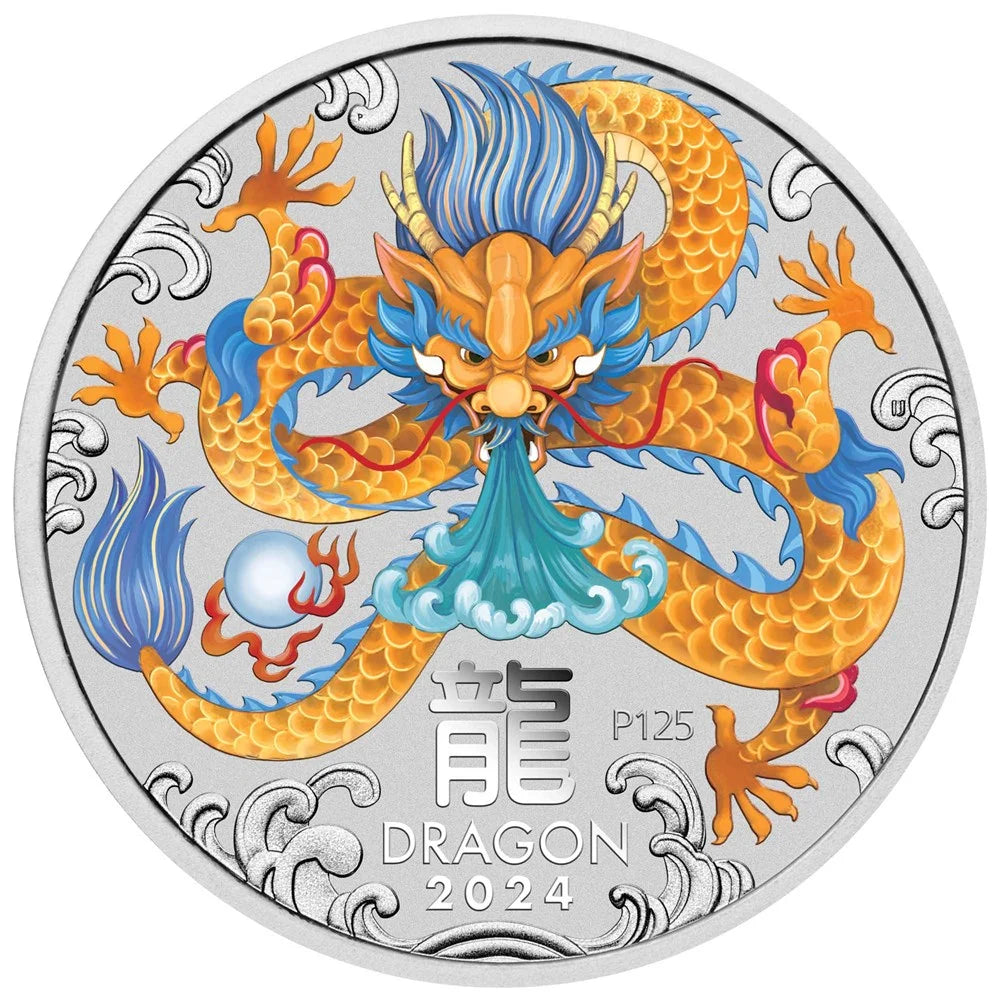 2024 Perth Mint Lunar Dragon 1oz Silver Coloured Coin in Card