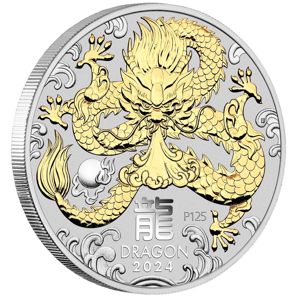 2024 Perth Mint Lunar Dragon 1oz Silver Gilded Coin in Box
