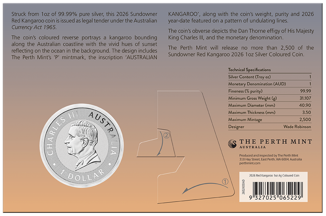2026 Perth Mint Red Kangaroo 1oz Silver Coloured Coin
