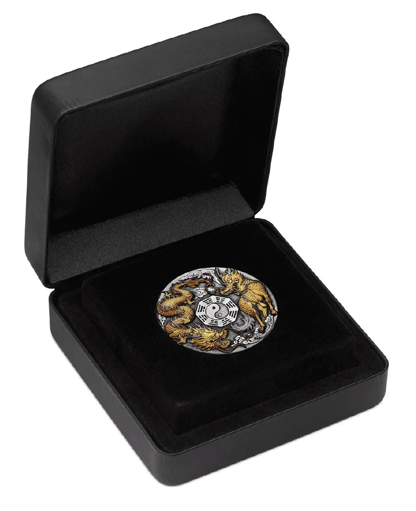 2022 Perth Mint Dragon & Qilin 2oz Silver Antiqued Coloured Coin