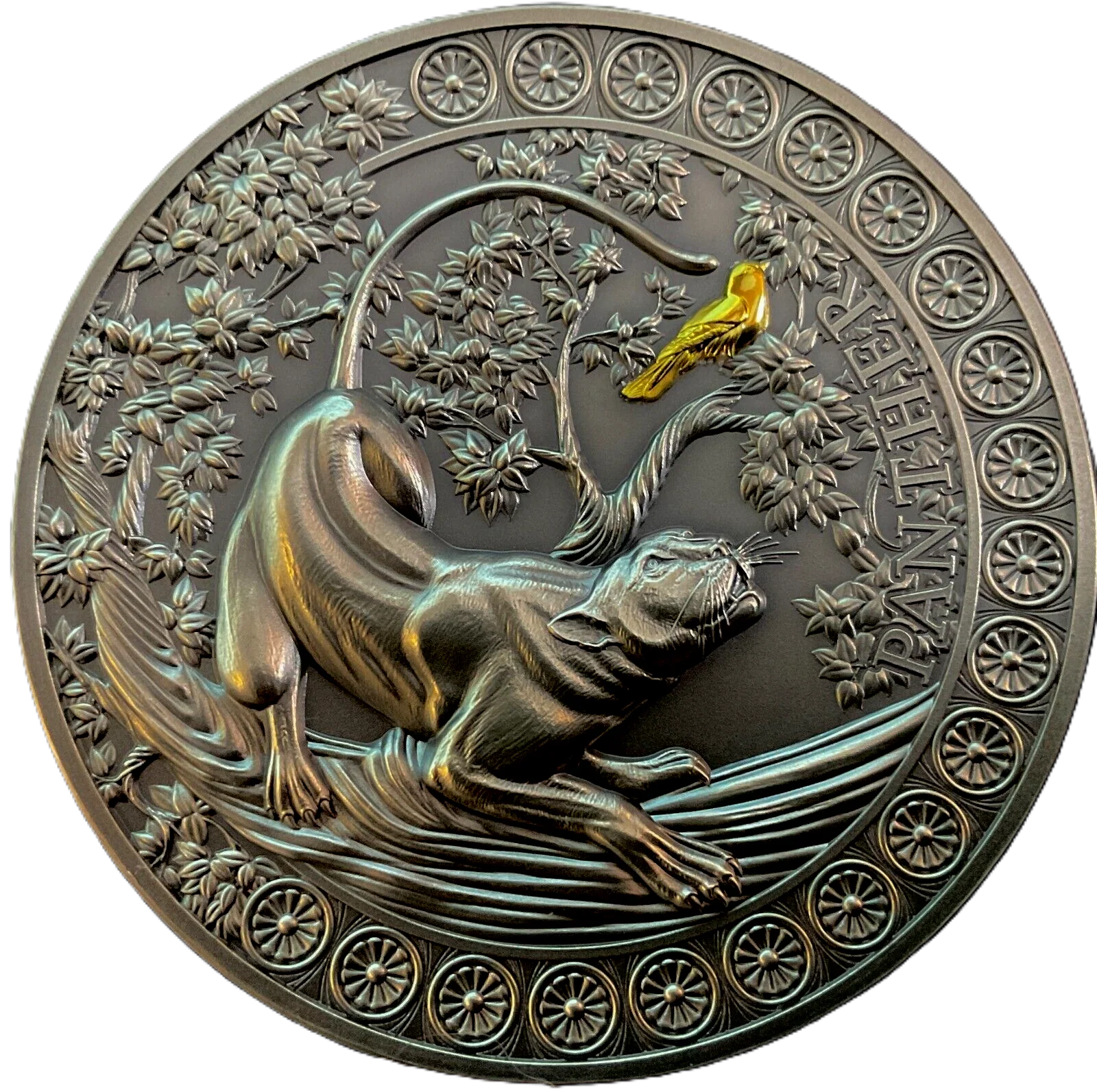 2022 Ghana Panther Hunting 2oz Silver Antiqued HR Gilded Coin