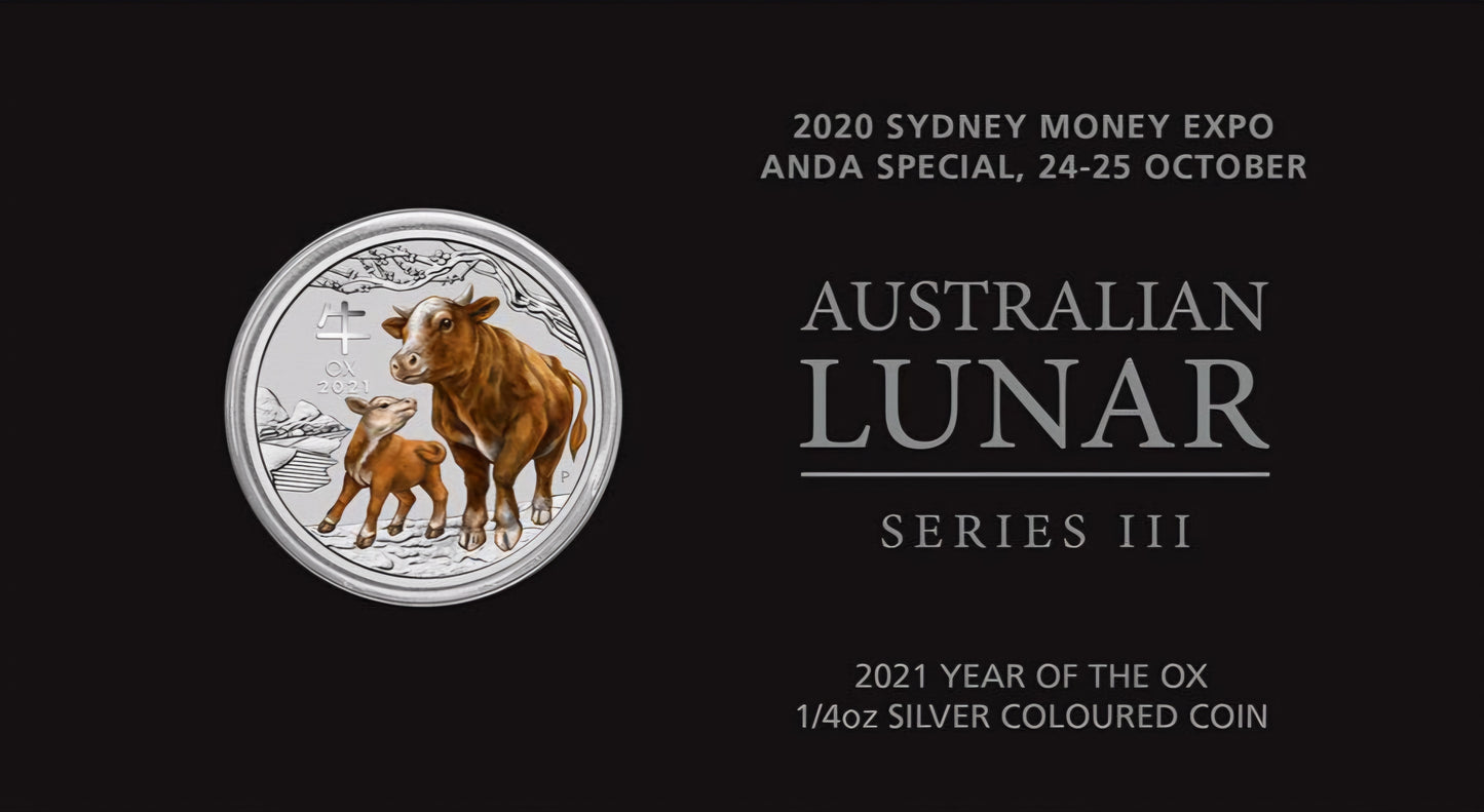 2021 Perth Mint Lunar Ox 1/4oz Silver Coloured Coin on Card
