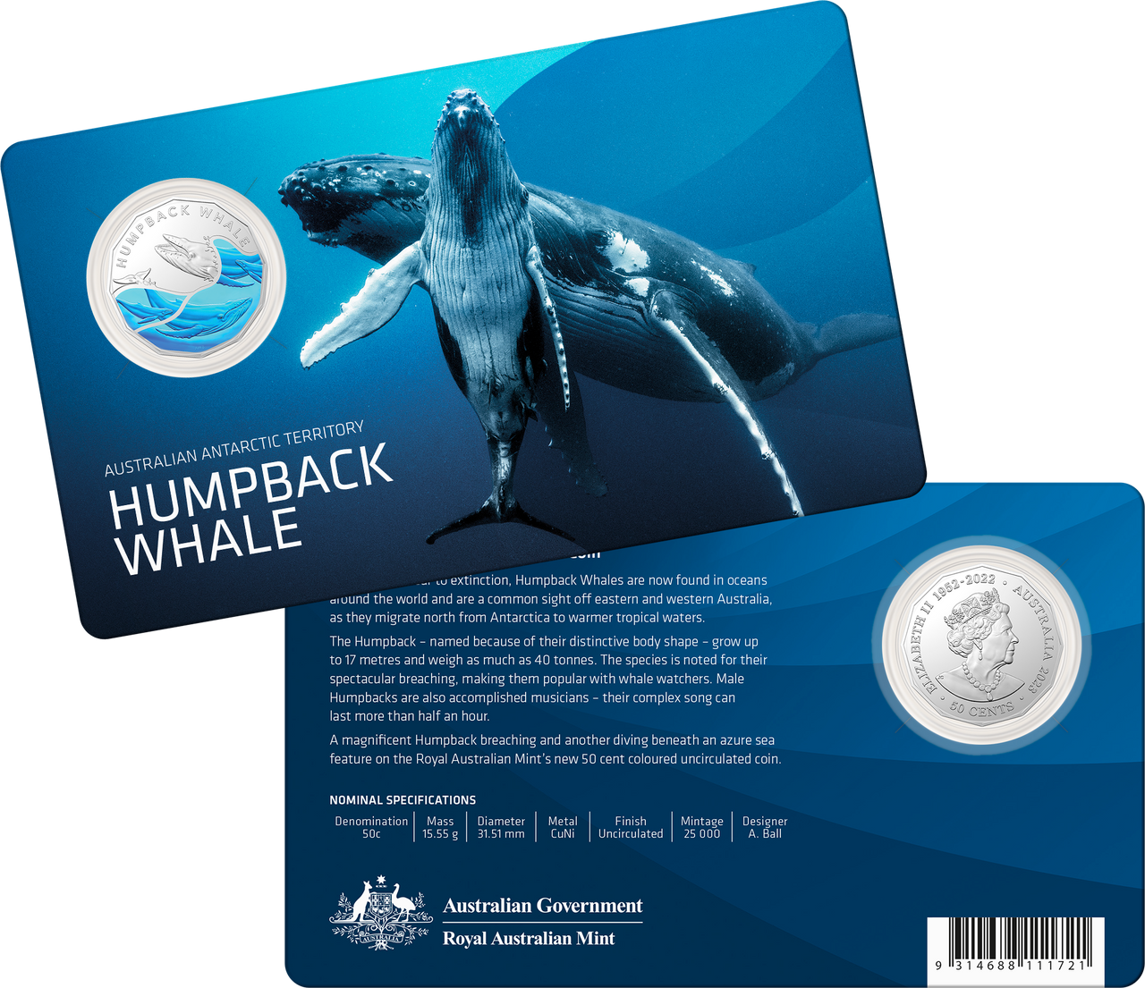 2023 RAM Humpback Whale 50c Coloured Coin On Card