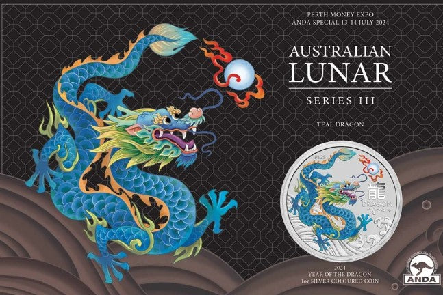 2024 Perth Mint Lunar Dragon 1oz Silver Teal Coloured Coin in Card