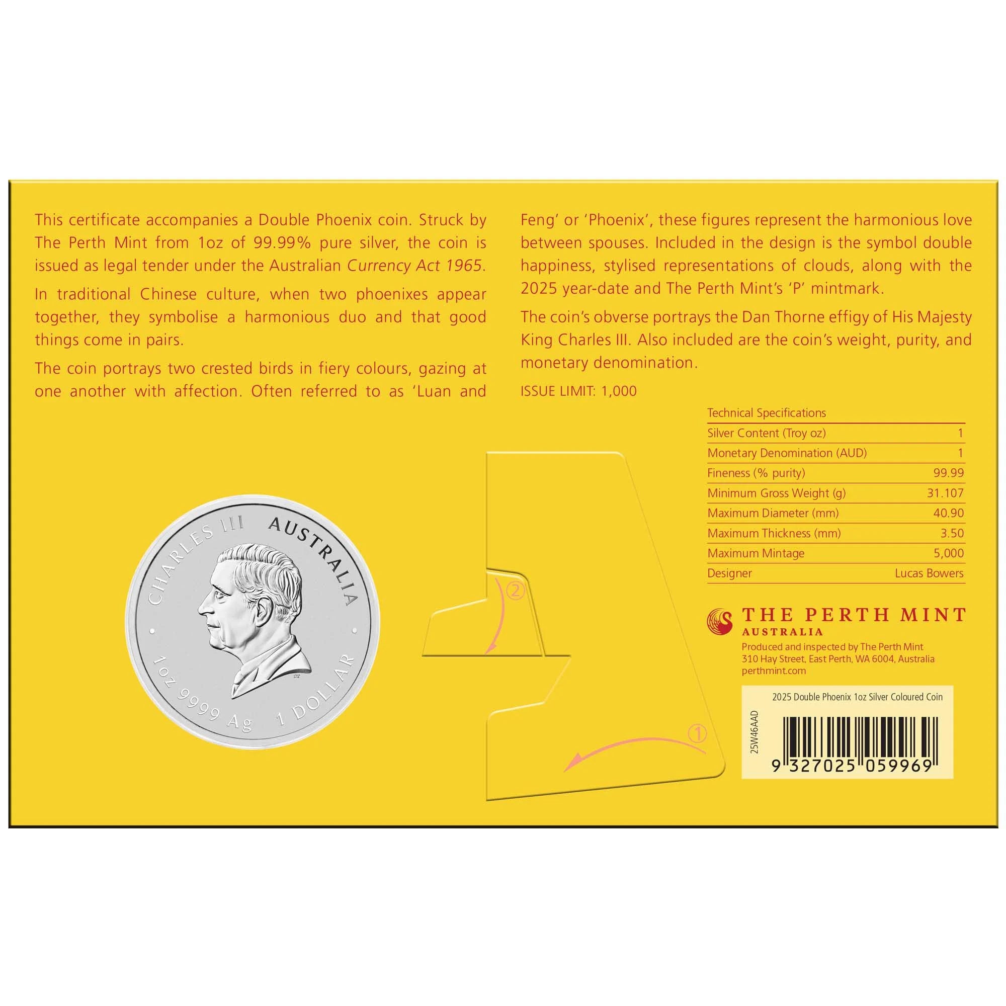 2025 PerthMint Chinese Myths and Legends – Double Phoenix 1oz Silver Fire Coloured Coin (In Card)