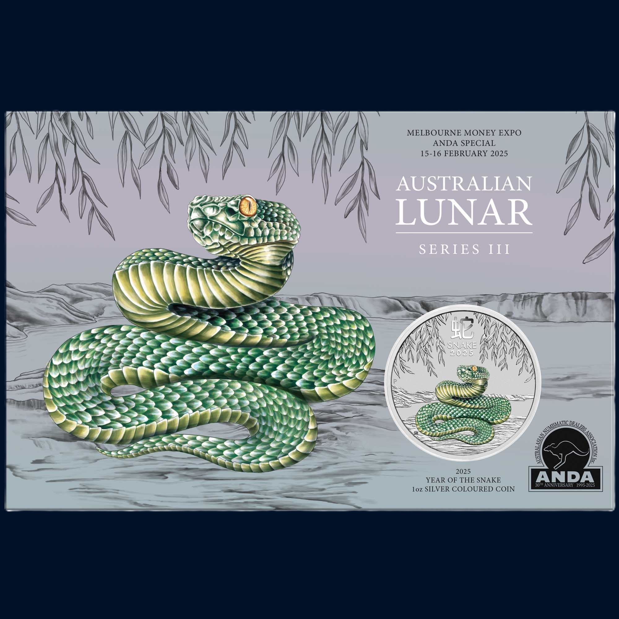 2025 Perth Mint Lunar Snake 1oz Silver Green Coloured Coin in Card