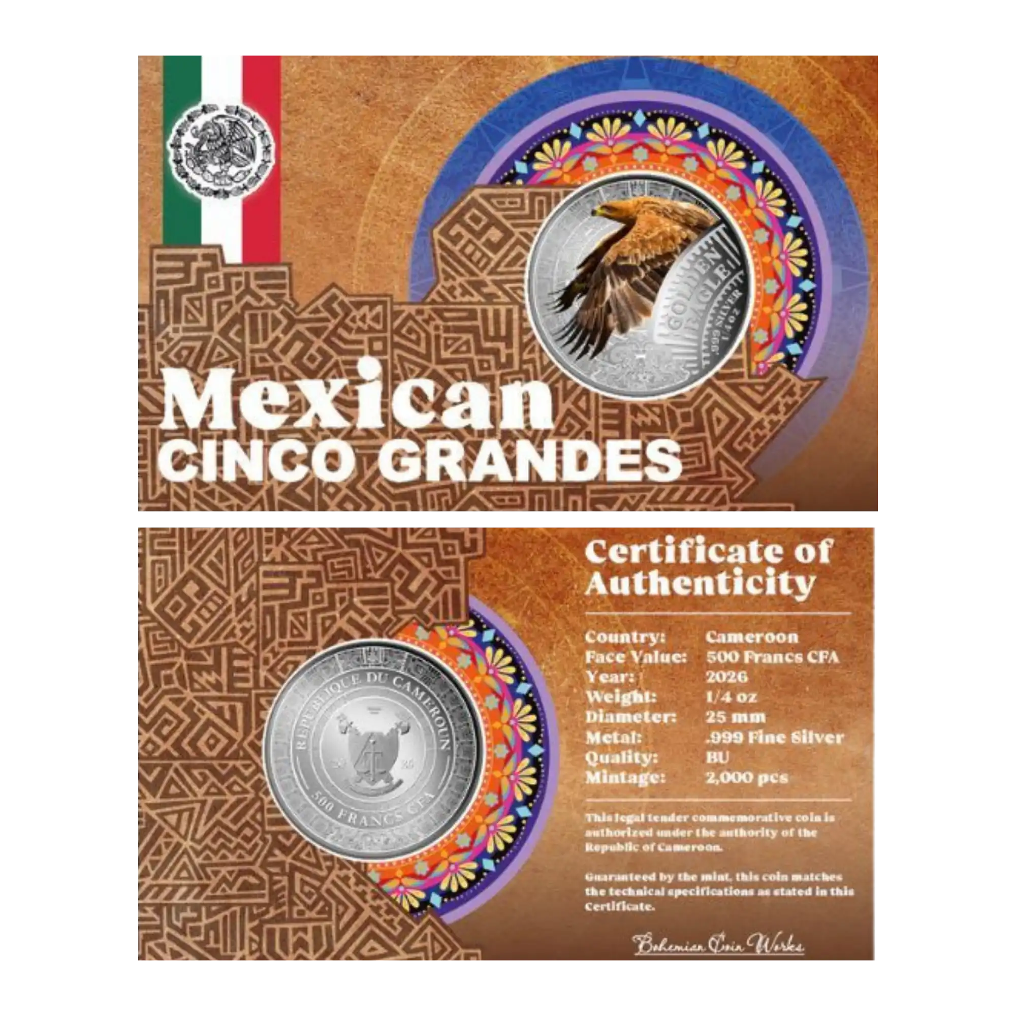 2026 Cameroon Mexican Cinco Grandes Golden Eagle 1/4oz Silver Proof Coloured Coin in Card