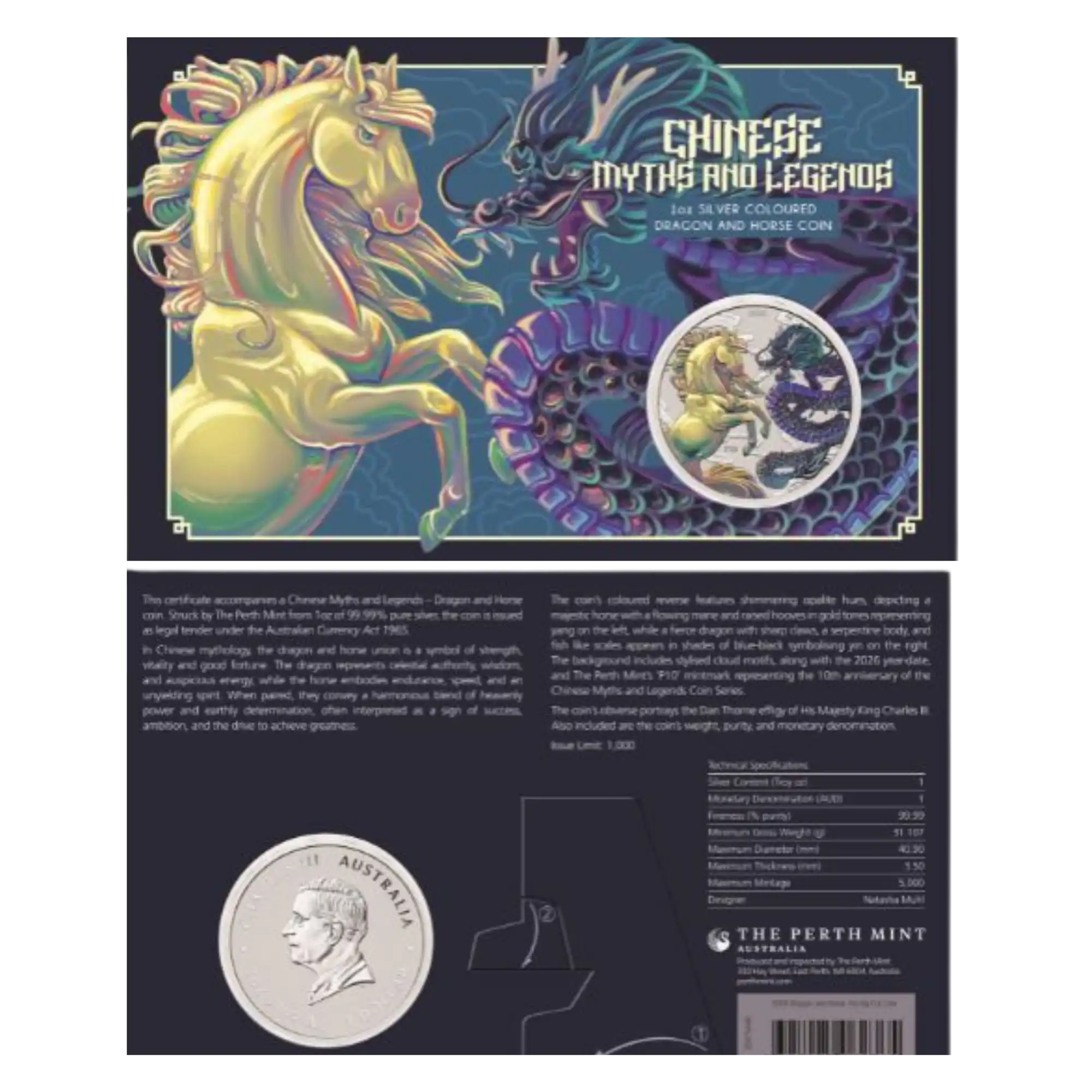 2026 PM Chinese Myths Legends Dragon and Horse 1oz Silver Opalite Coloured Coin