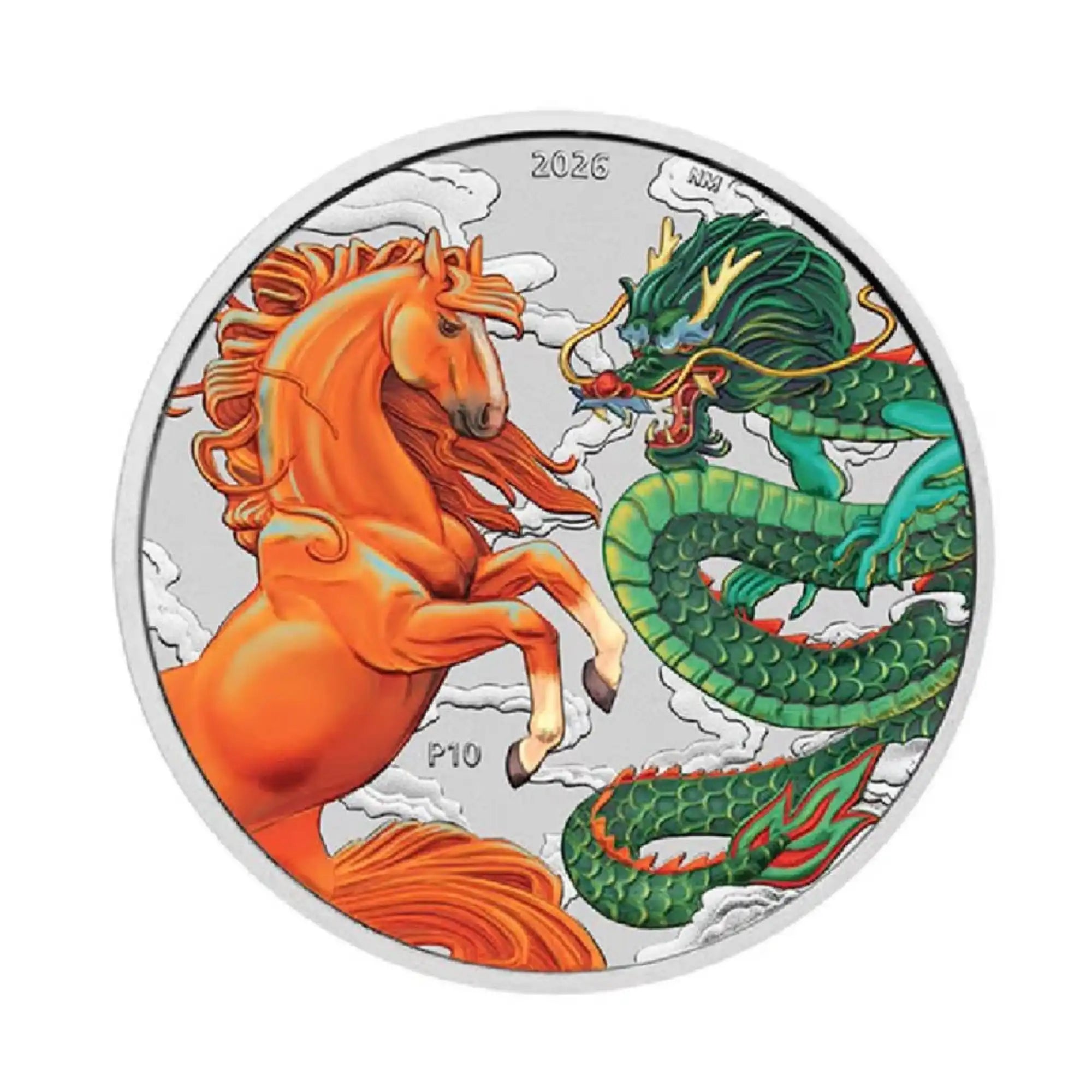 2026 Perth Mint Chinese Myths and Legends Dragon and Horse 1oz Silver Fire and Earth Coloured Coin