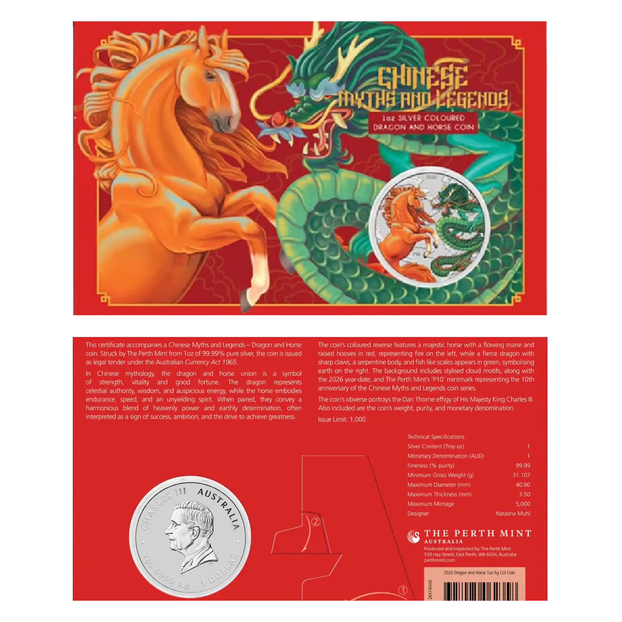 2026 Perth Mint Chinese Myths and Legends Dragon and Horse 1oz Silver Fire and Earth Coloured Coin