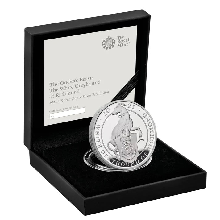 2021 Royal Mint Queen’s Beasts White Greyhound of Richmond 1oz Silver Proof Coin