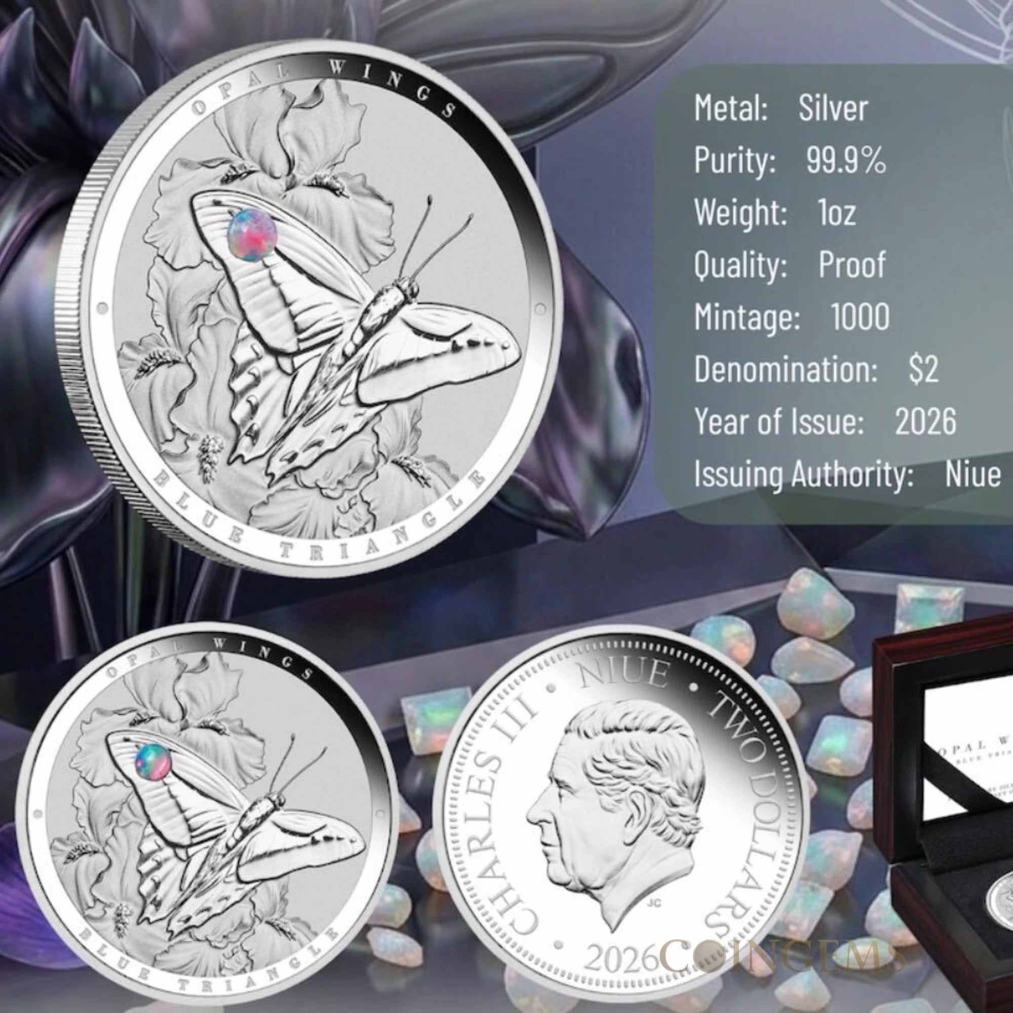 2026 Niue Opal Wings Blue Triangle 1oz Silver Proof Coin