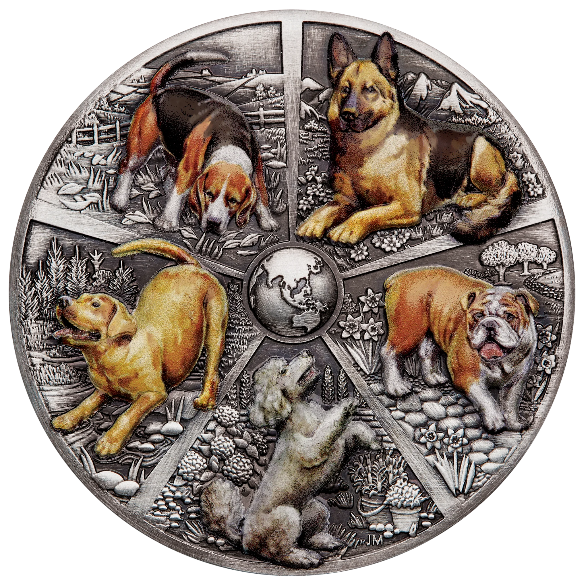 2025 Perth Mint World Popular Dogs 5oz Silver Antiqued HR Coloured Coin Cert24