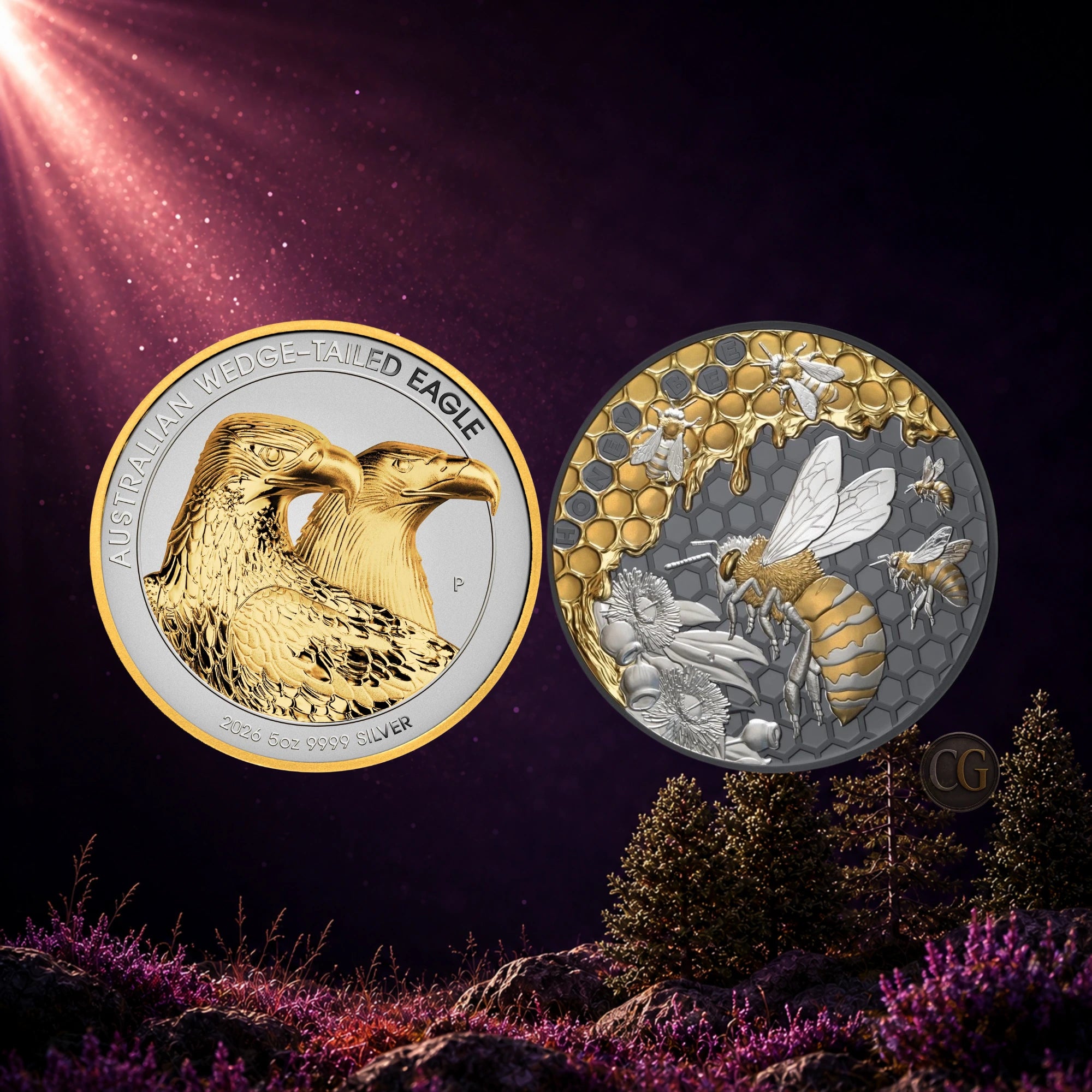 2026 Wedge tailed Eagle & Honey Bee 5oz Silver Proof Gilded 2 Coin Collection