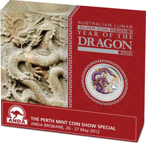 2012 Perth Mint Lunar Purple Coloured Dragon 1oz Silver Coin