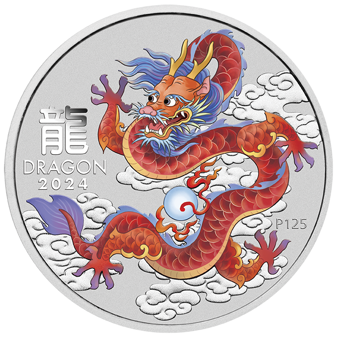 2024 Perth Mint Lunar Dragon 1oz Silver Red Coloured Coin in Card