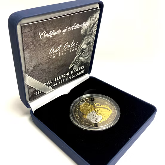 2022 United Kingdom Tudor Beasts Lion 2oz Silver Ruthenium Gold Plated BU Coin