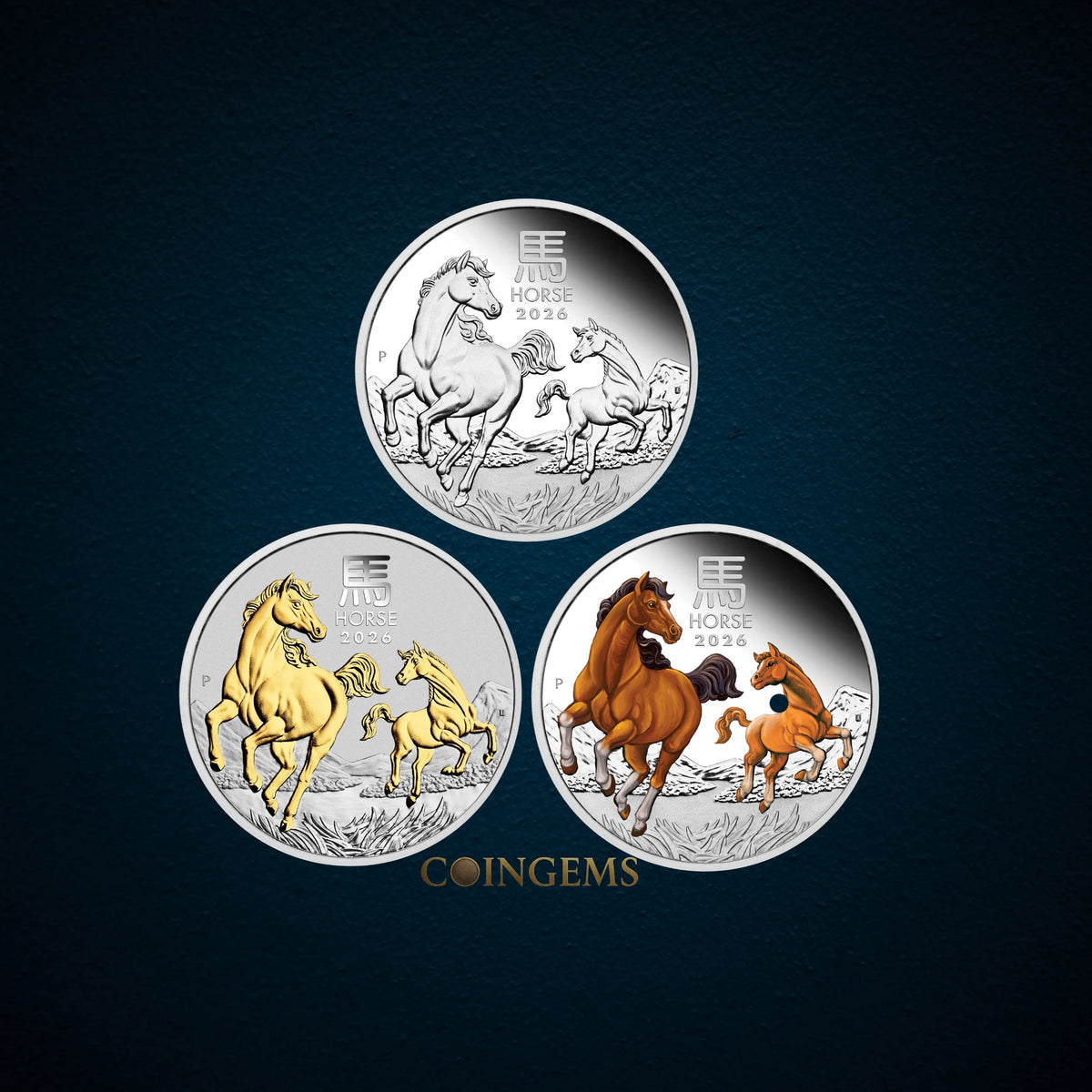 2026 Lunar Horse 1oz Silver Proof, Coloured & Gilded 3 Coin Collection