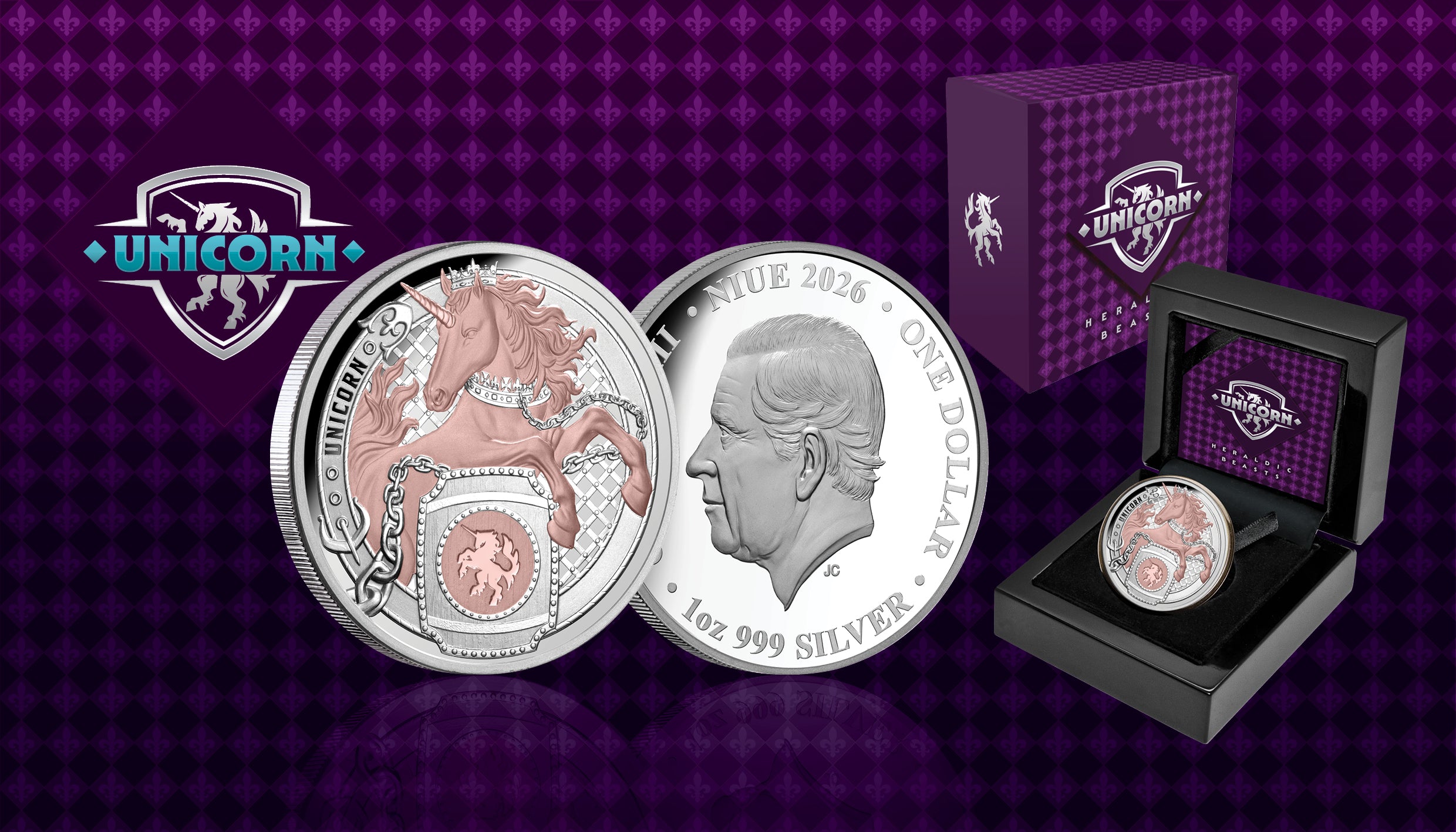 2026 Heraldic Beasts Unicorn 1oz Silver Proof Rose Gold Plated Coin