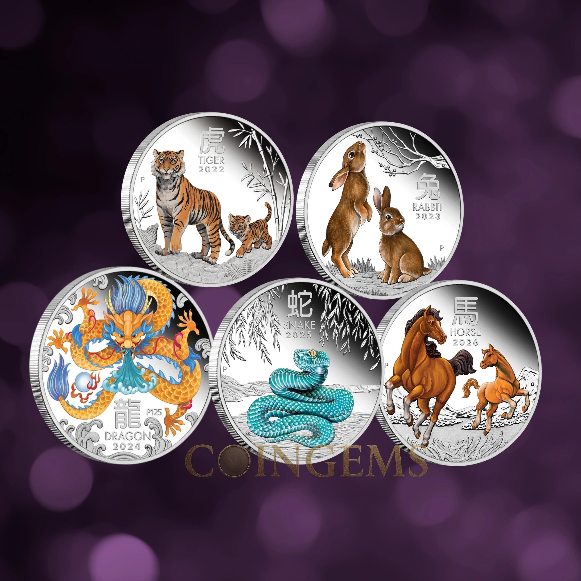 2022–2026 Perth Mint Lunar Series III 1/2oz Silver Coloured 5 Coin Collection