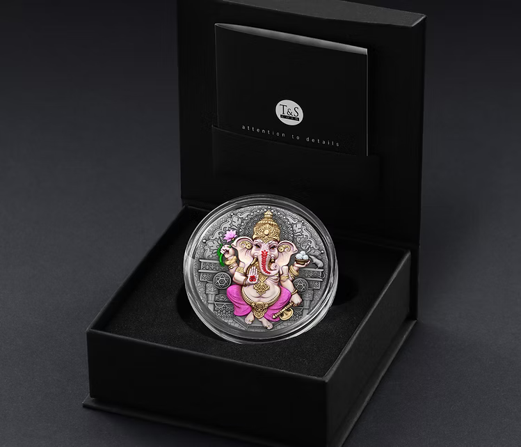 2025 Niue Ganesha 2oz Silver HR Antiqued Coloured Coin