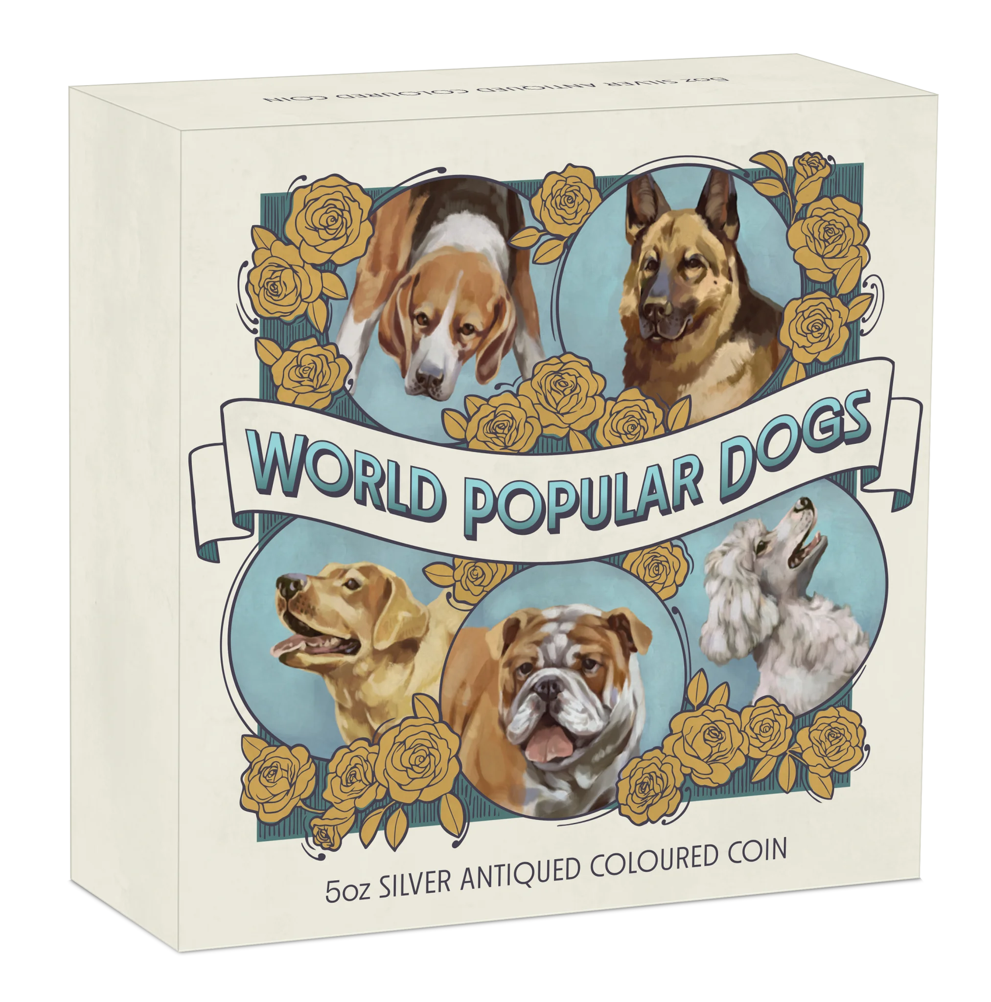 2025 Perth Mint World Popular Dogs 5oz Silver Antiqued HR Coloured Coin
