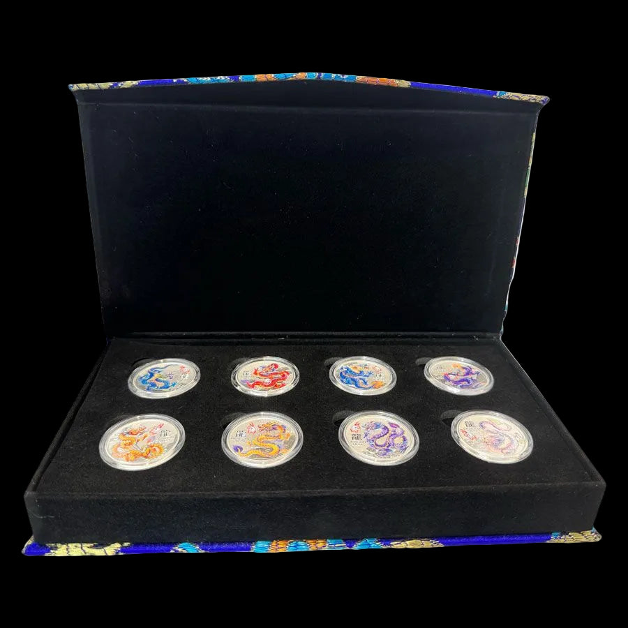 2024 Perth Mint Lunar Dragon 4oz Silver Coloured 8-Coin Set Wth Thematic Box