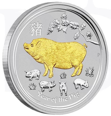 2019 Perth Mint Lunar Pig 1oz Silver Gilded Coin