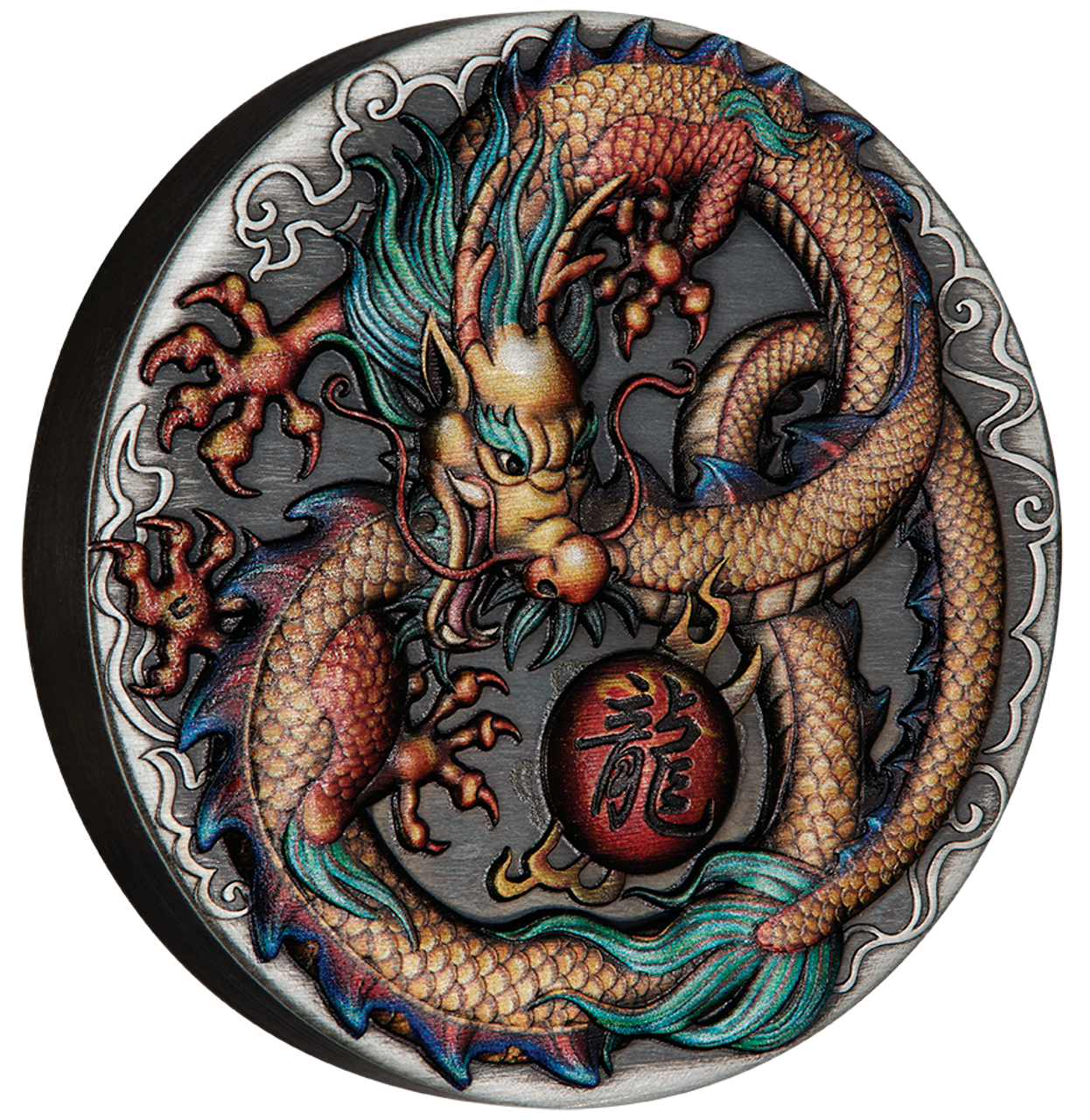2022 Perth Mint Dragon 2oz Coloured High Relief Silver Antiqued Coin