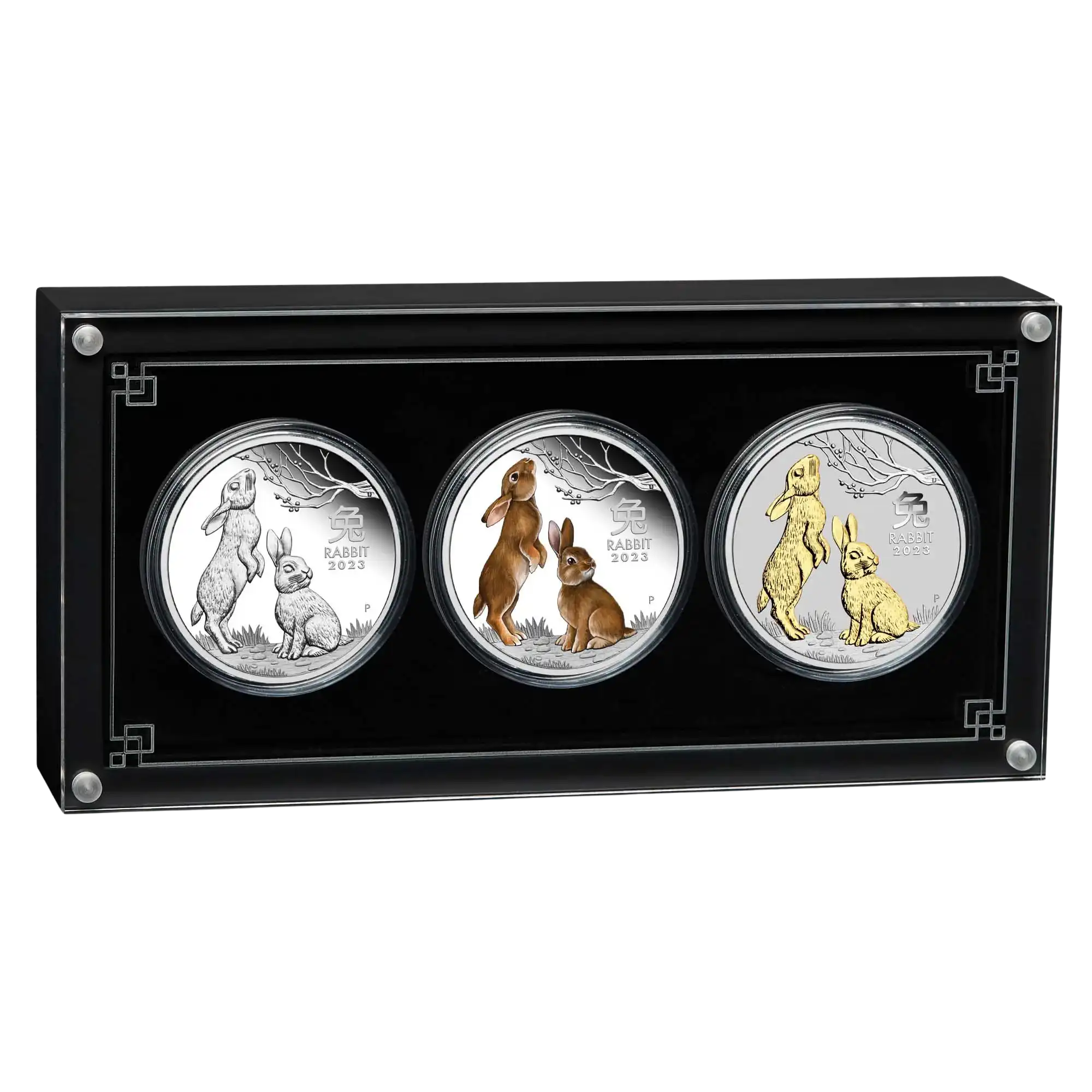 2023 Perth Mint Lunar Rabbit 1oz Silver Proof Coloured Gilded Trio Set