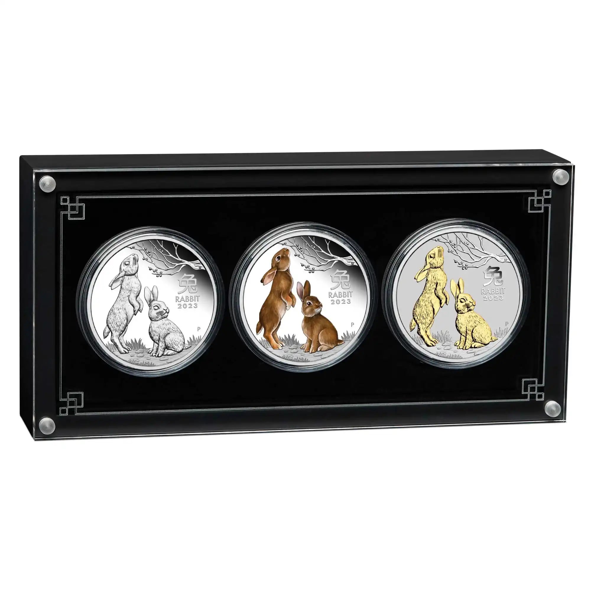 2023 Perth Mint Lunar Rabbit 1oz Silver Proof Coloured Gilded Trio Set