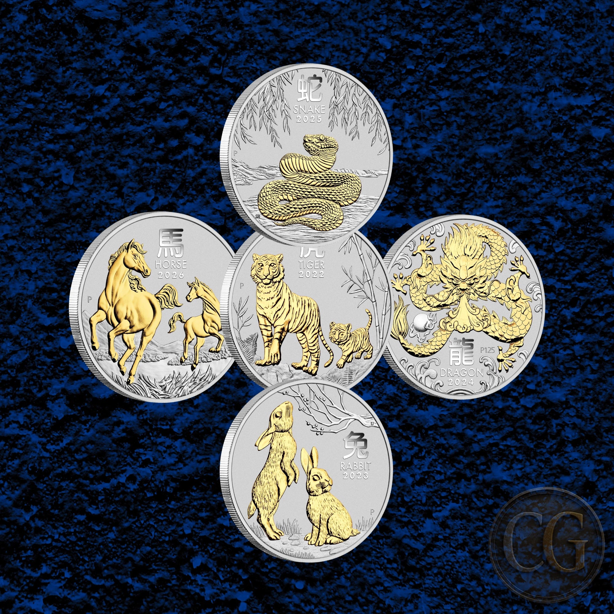 2022-26 Perth Mint Lunar 1oz Silver Gilded 5 Coin Collection