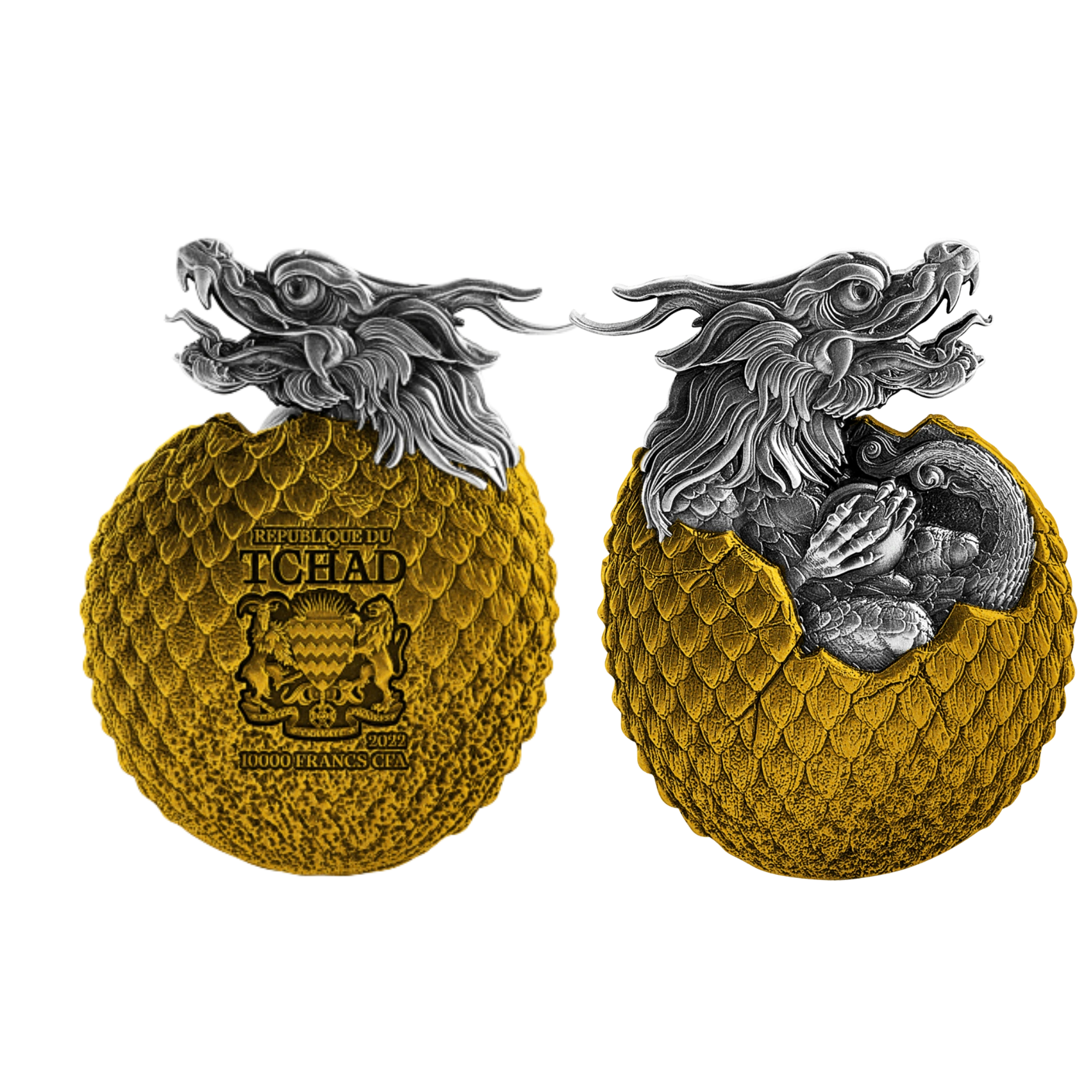 2022 Chad Chinese Dragon Egg 2oz Silver Antiqued High Relief Coin