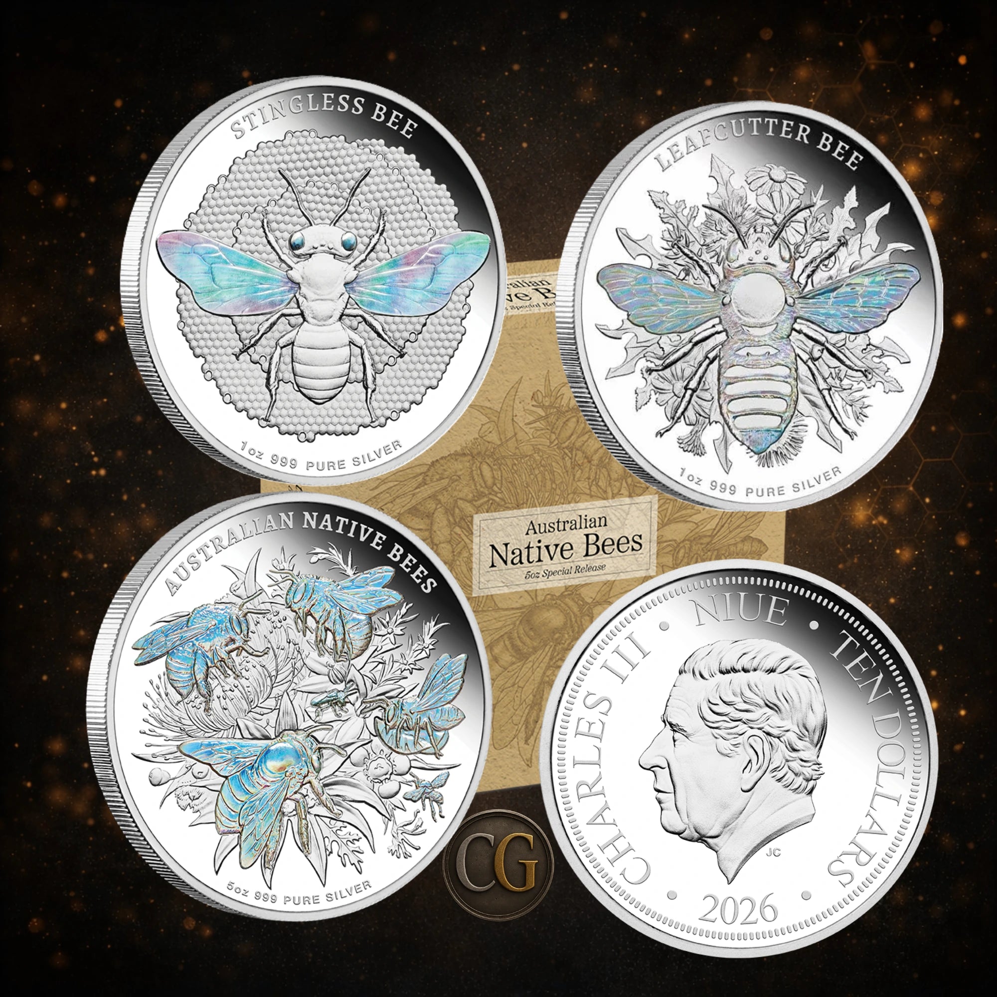 2026 Niue Australian Native Bees 1oz & 5oz Silver Proof Hologram 3-Coin Collection Pre order