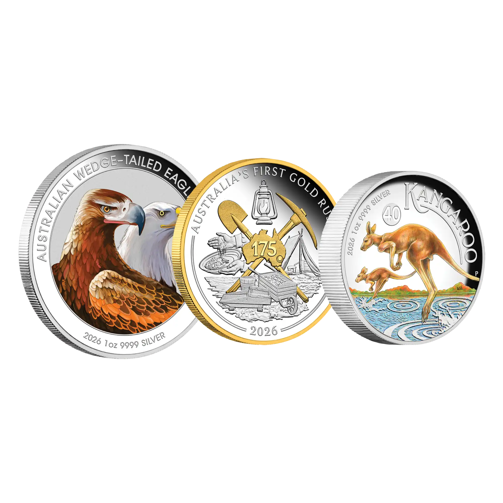 2026 Perth Mint Wedge-Tailed Eagle, Gold Rush & Kangaroo 1oz Silver Proof Coloured 3-Coin Set