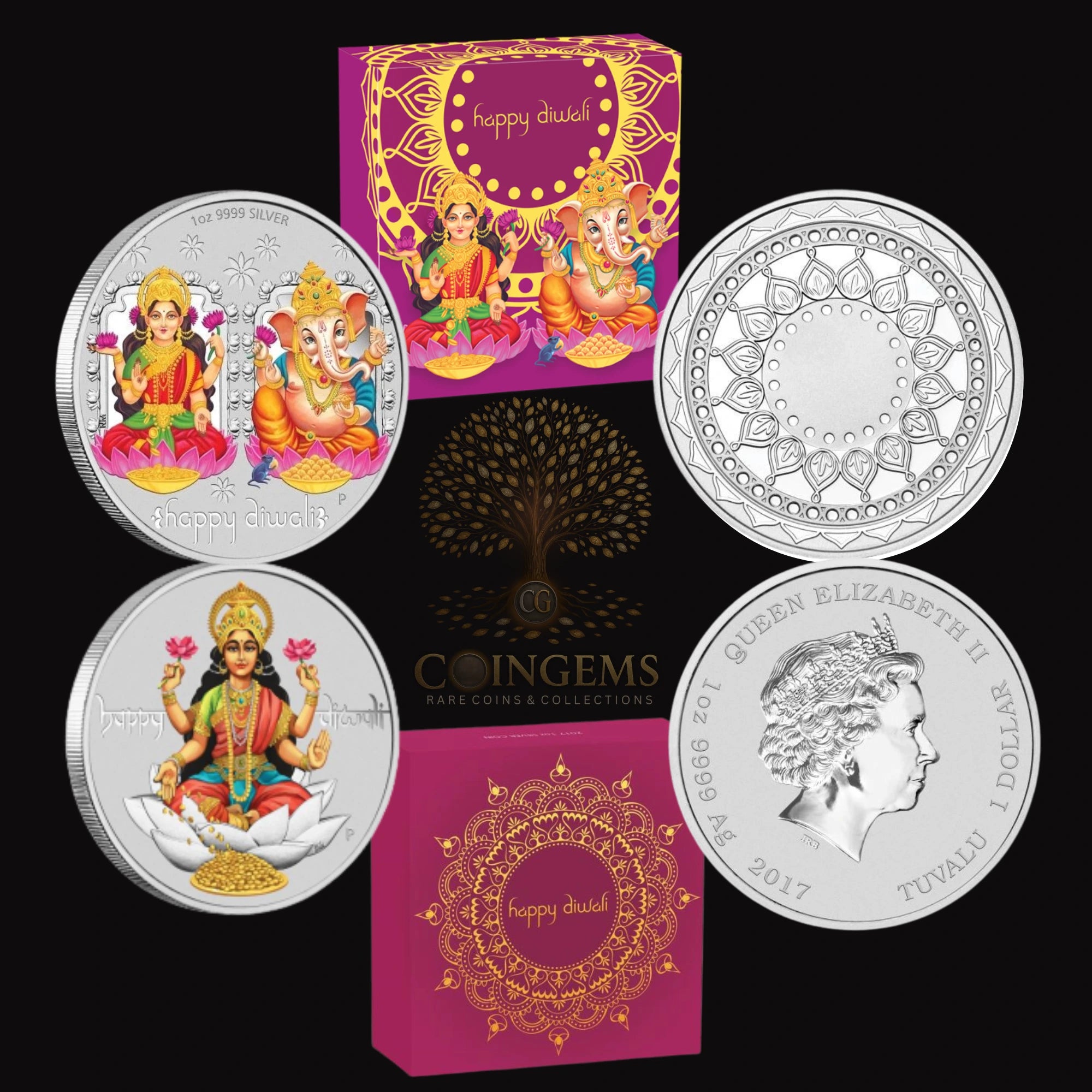 2017 & 2019 Perth Mint Happy Diwali 1oz Silver Coloured 2 Coin Collection
