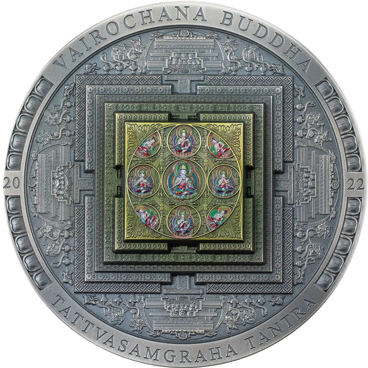 2022 Mongolia Buddha Mandala 3oz Antiqued Silver Colored Coin 111 mintage