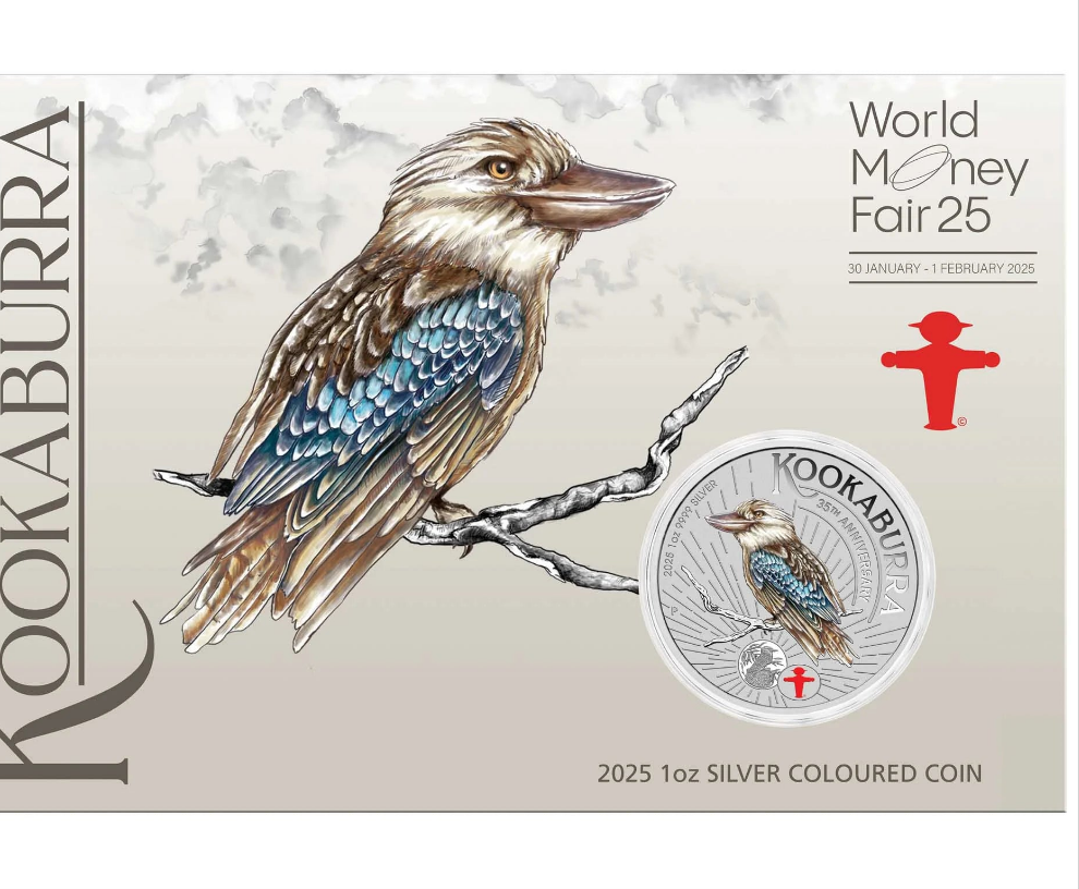 2025 Perth Mint Kookaburra 1oz Silver Coloured Coin in Card