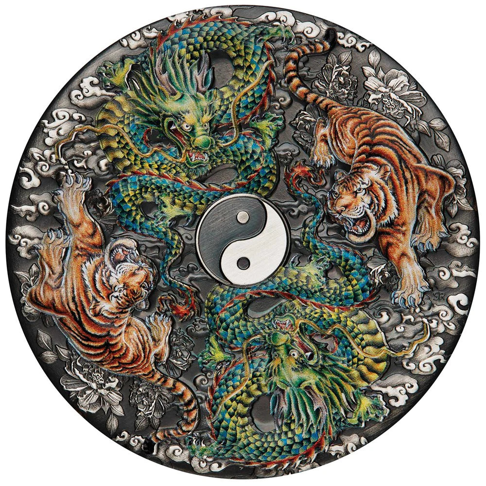 2023 Perth Mint Double Dragon & Double Tiger 5oz Silver Antiqued Coloured Coin