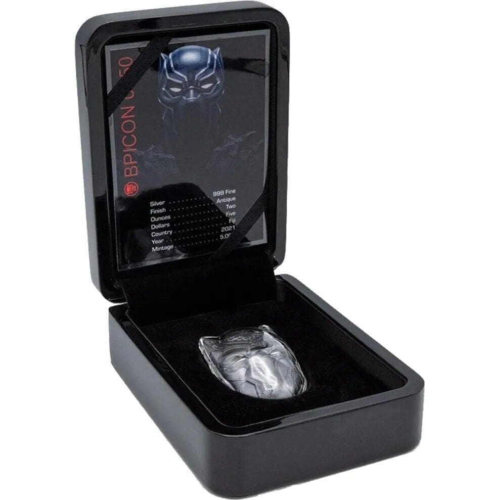 2021 Fiji Marvel Black Panther Mask 2oz Silver Antiqued Black Proof Coin