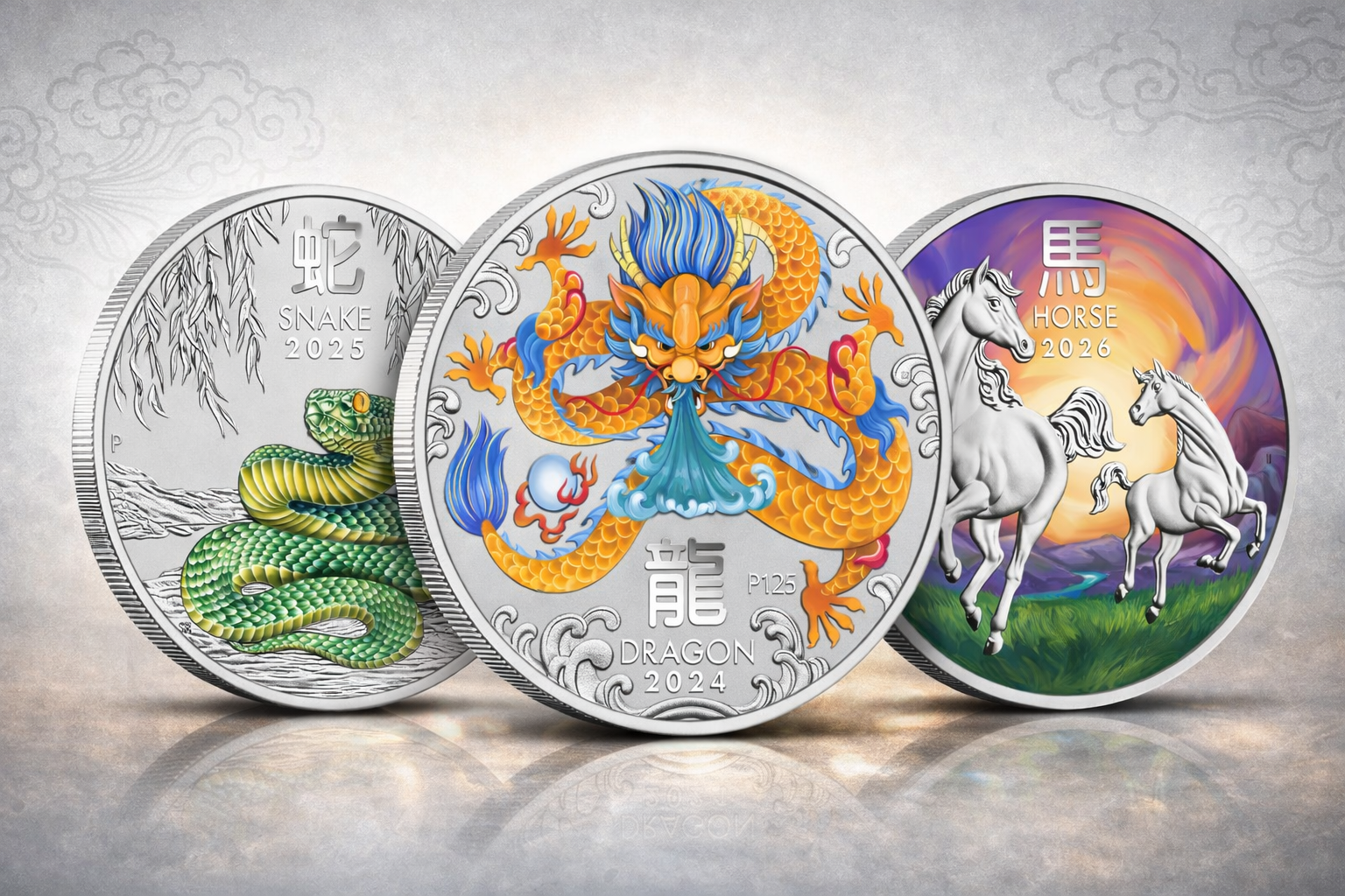 2024–2026 Perth Mint Lunar Dragon Snake Horse 1oz Silver Coloured 3-Coin Collection